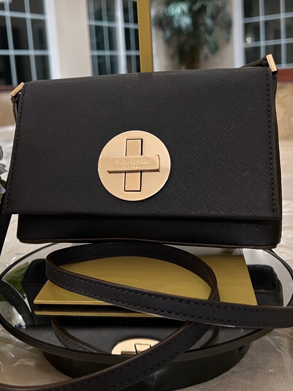 Kate Spade New York Deep Navy Saffiano Turn Lock Crossbody Gold Hardware